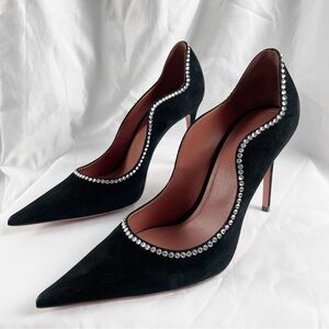 Amina Muaddi Romy Crystal Suede Leather Pointed Toe Pumps EU 38.5 US 8.5 Black